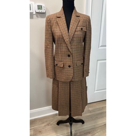 Vintage Academia Houndstooth 100% Wool Skirt Suit Tailored Blazer Pleats 9 - Picture 1 of 16